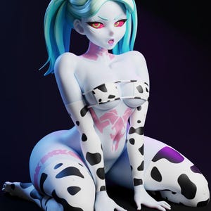 May include: A 3D digital character figure with pale blue skin, teal hair in pigtails, and small white horns. The figure wears a white bikini top and matching leggings, both featuring a black cow-print pattern. The character has red eyes.