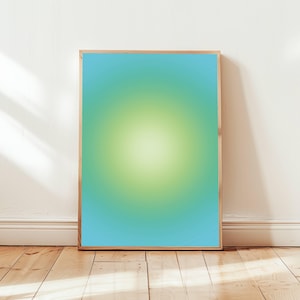 Láminas artísticas con degradado de aura vibrante para meditación y atención plena. Decoración de pared psicodélica en azul y verde. Estudio de yoga. Espacio vital sereno.