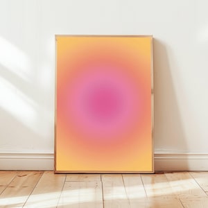 Láminas artísticas con degradado de aura pastel para meditación y atención plena. Decoración de pared psicodélica en amarillo, naranja y rosa. Estudio de yoga. Espacio de vida sereno.