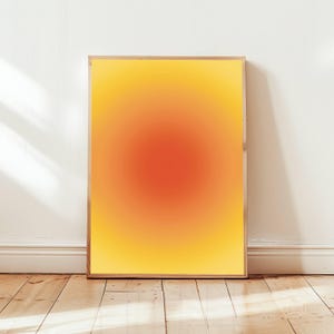 Lámina artística con degradado de aura vibrante para meditación y atención plena. Decoración de pared psicodélica en amarillo y naranja. Decoración para estudio de yoga. Espacio vital sereno.