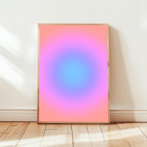 Láminas artísticas con degradado de aura vibrante para meditación y atención plena. Decoración de pared psicodélica en naranja, rosa y morado. Estudio de yoga. Espacio de vida sereno.