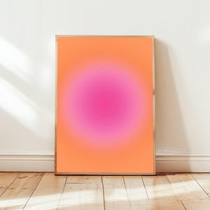 Láminas artísticas con degradado de aura vibrante para meditación y atención plena. Decoración de pared psicodélica en naranja y rosa. Decoración de estudio de yoga. Espacio vital sereno.