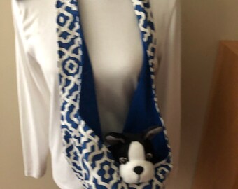 Blue & White Dog Sling Carrier: Miniature Dog Tote with Lanyard