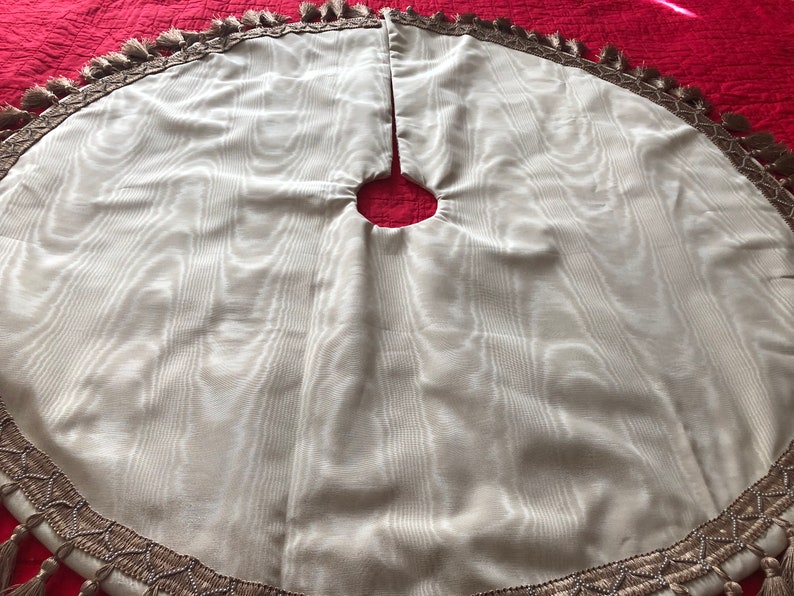 Ivory Moire Fabric Christmas Tree Skirt Ivory Fabric Gold Braid with Tassel Trim Faux Pearl Trim Medium Size Very Elegant Free Shipping
