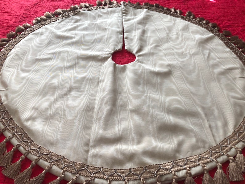 Ivory Moire Fabric Christmas Tree Skirt Ivory Fabric Gold Braid with Tassel Trim Faux Pearl Trim Medium Size Very Elegant Free Shipping