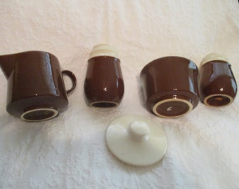 Vintage Village Brown Pottery Range Set: Creamer, Salt & Pepper, Sugar Bowl