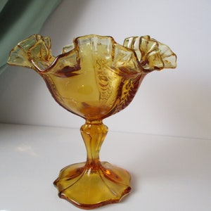 Fenton Amber Glass Ruffled Edge Footed Dish  Beautiful Dish
