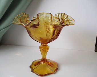 Fenton Amber Glass Footed Dish: Ruffled Edge Bowl