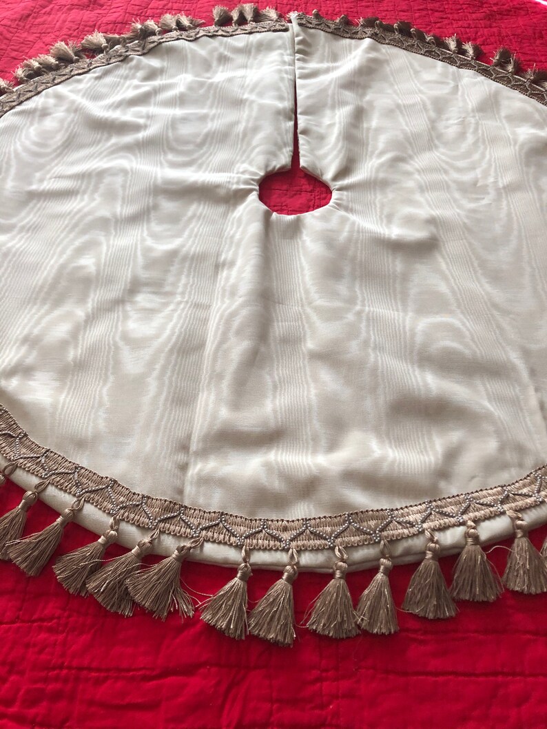 Ivory Moire Fabric Christmas Tree Skirt Ivory Fabric Gold Braid with Tassel Trim Faux Pearl Trim Medium Size Very Elegant Free Shipping