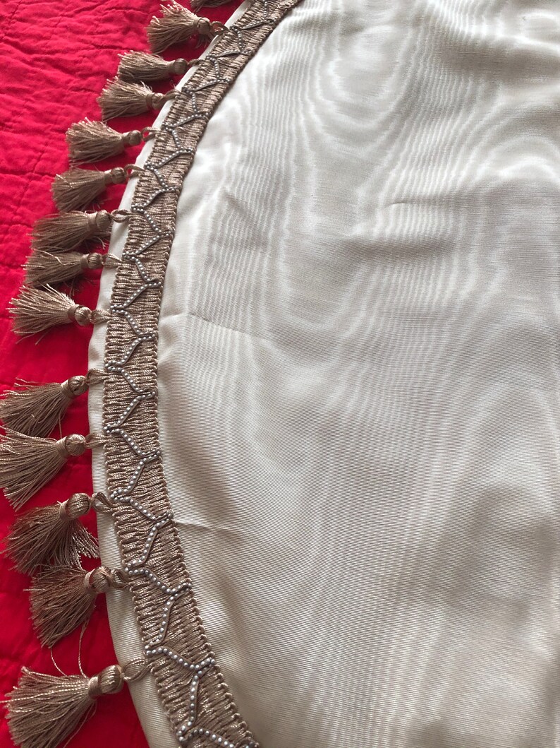 Ivory Moire Fabric Christmas Tree Skirt Ivory Fabric Gold Braid with Tassel Trim Faux Pearl Trim Medium Size Very Elegant Free Shipping