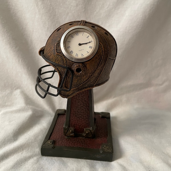 Metal Football Helmet Clock on Pedestal  Small Size 5 Inches Tall Vintage Style Helmet Battery Operated  Paper weight