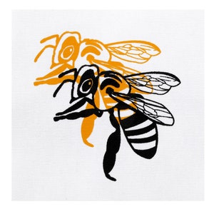Może przedstawiać: Ilustracja czarno-białej pszczoły z żółtą ilustracją pszczoły z tyłu. Pszczoła jest wyostrzona, a żółta pszczoła jest rozmyta.
