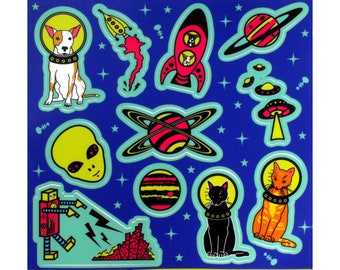 Space Sticker Sheet / Alien Head UFOs Space Cats Space Dogs Planets Robot Spaceship decals / Cute Animal Stickers / Vinyl Sticker Sheet Set