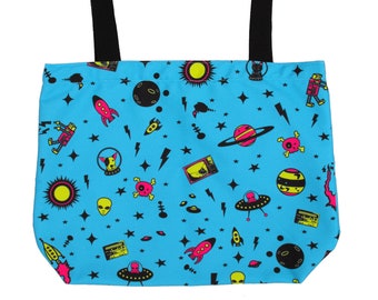 Space Age Tote Bag with Pocket Reusable Grocery Bag Art Icons Print Handbag Hobo Canvas Tote Printed Purse Planet Alien UFO Stars Rocket TV