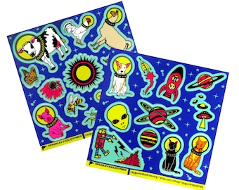 Space Animal Sticker Sheet Set / Mignon Sticker Pack / Astronaute Llama Vache Cochon Poulets Chat Chien Fleur Abeilles Papillon / 2 Feuille d’Autocollant Vinyle