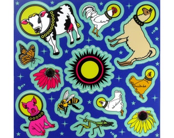 Space Farm Animal Sticker Sheet / Alien Chickens Llama Cow Pig Flowers Bees Butterfly Decals / Cute Sticker Sheet / Vinyl Sticker Sheet Set