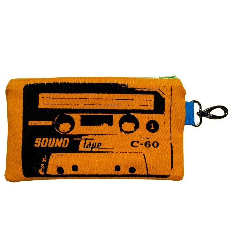 Screen Print Wallet Cassette Tape Pouch Retro Tapes 80s Clutch Zip Pouch Pencil Pouch Womens Wallet Mens Phone Wallet Clip On Pouch Yellow