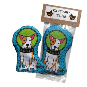 May include: Two blue and green catnip toys shaped like a dog wearing a space helmet. The toys have a black collar with white circles and the dog has a white and brown body. The toys are packaged in a clear plastic bag with a brown label that says "Catnip Toy" and has two black cat silhouettes with white eyes.