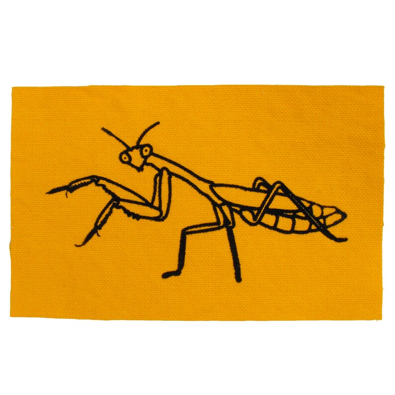 K&ouml;nnte beinhalten: Eine schwarze Linienzeichnung einer Gottesanbeterin auf gelbem Hintergrund.