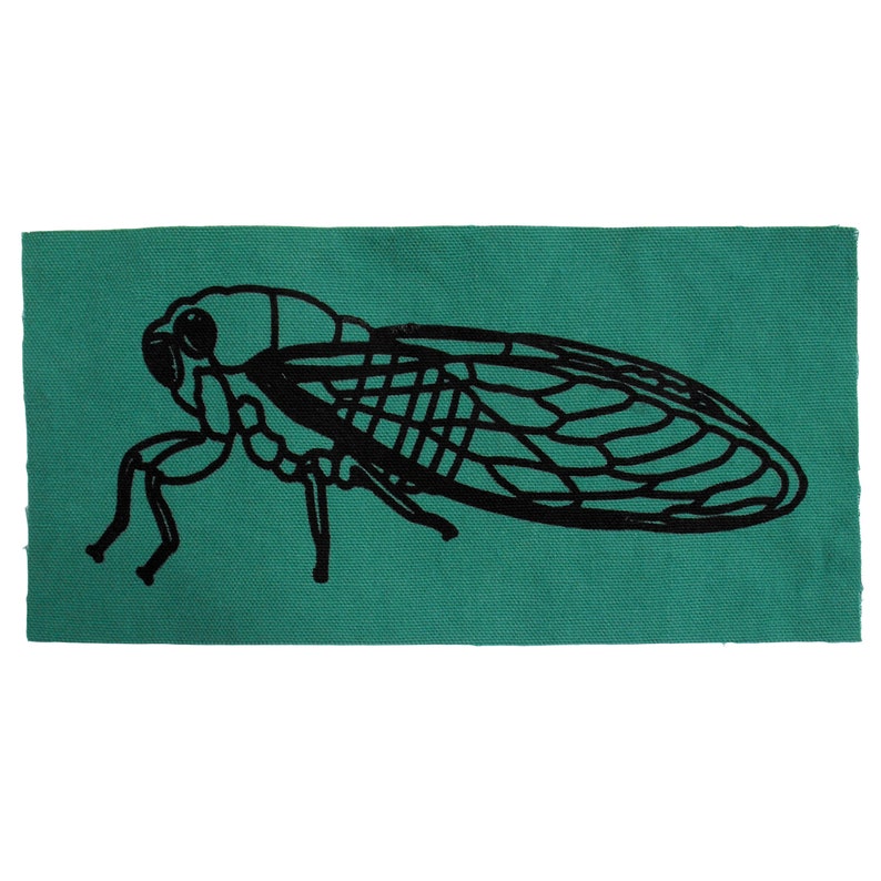 Puede incluir: Una silueta negra de una cigarra sobre un fondo de tela verde azulado.