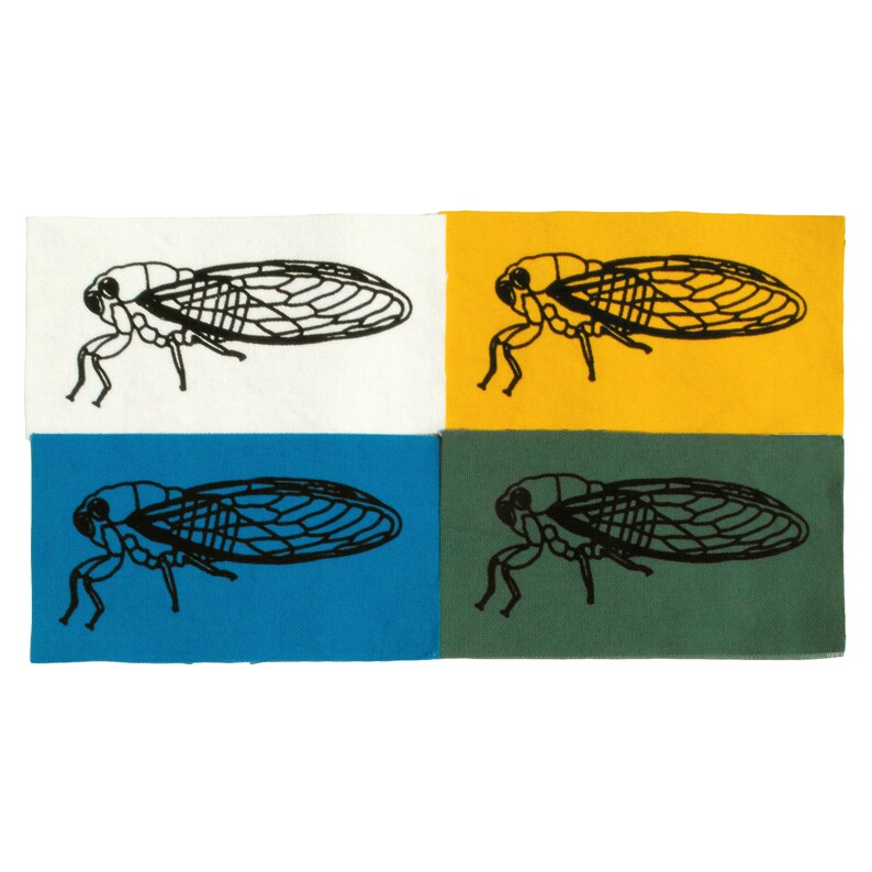 May include: Four fabric squares with a black silhouette of a cicada insect on each. The squares are white, yellow, blue, and green.
