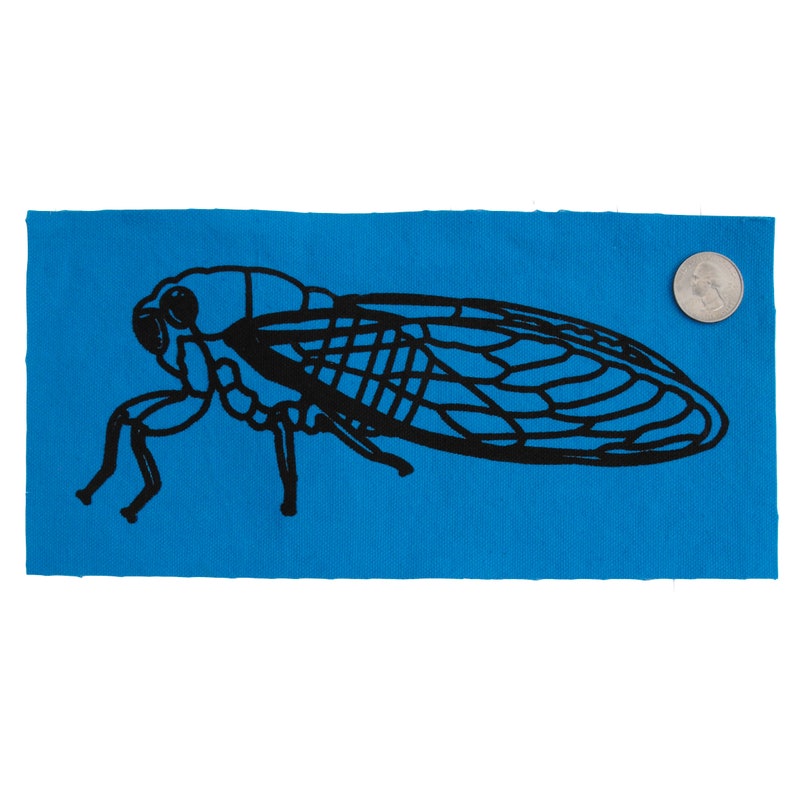 Puede incluir: Una silueta negra de una cigarra sobre un fondo de tela azul brillante.