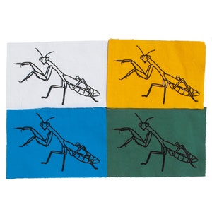 Op de afbeelding: Vier vierkante stukken stof met een zwarte omtrek van een bidsprinkhaan op elk. De vierkanten zijn wit, geel, blauw en groen.