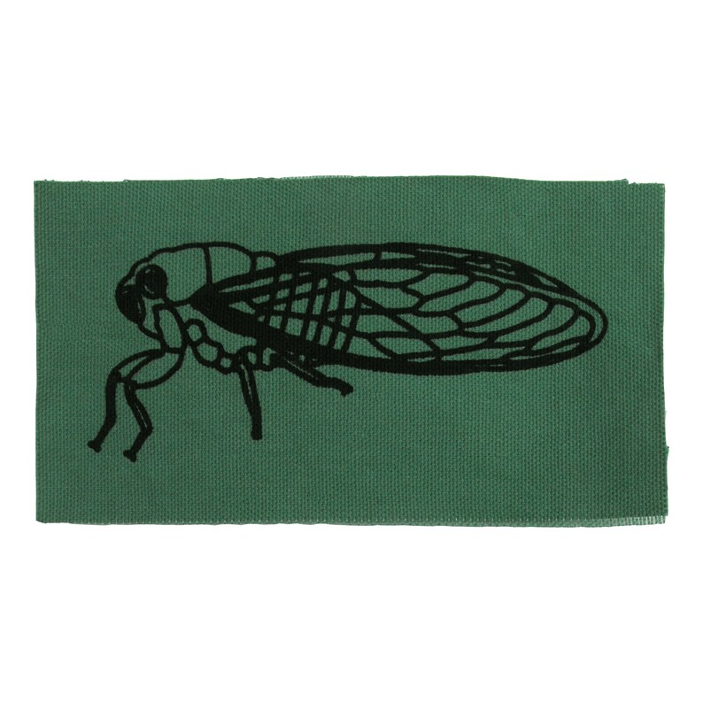 May include: A black and white illustration of a cicada on a green fabric background.
