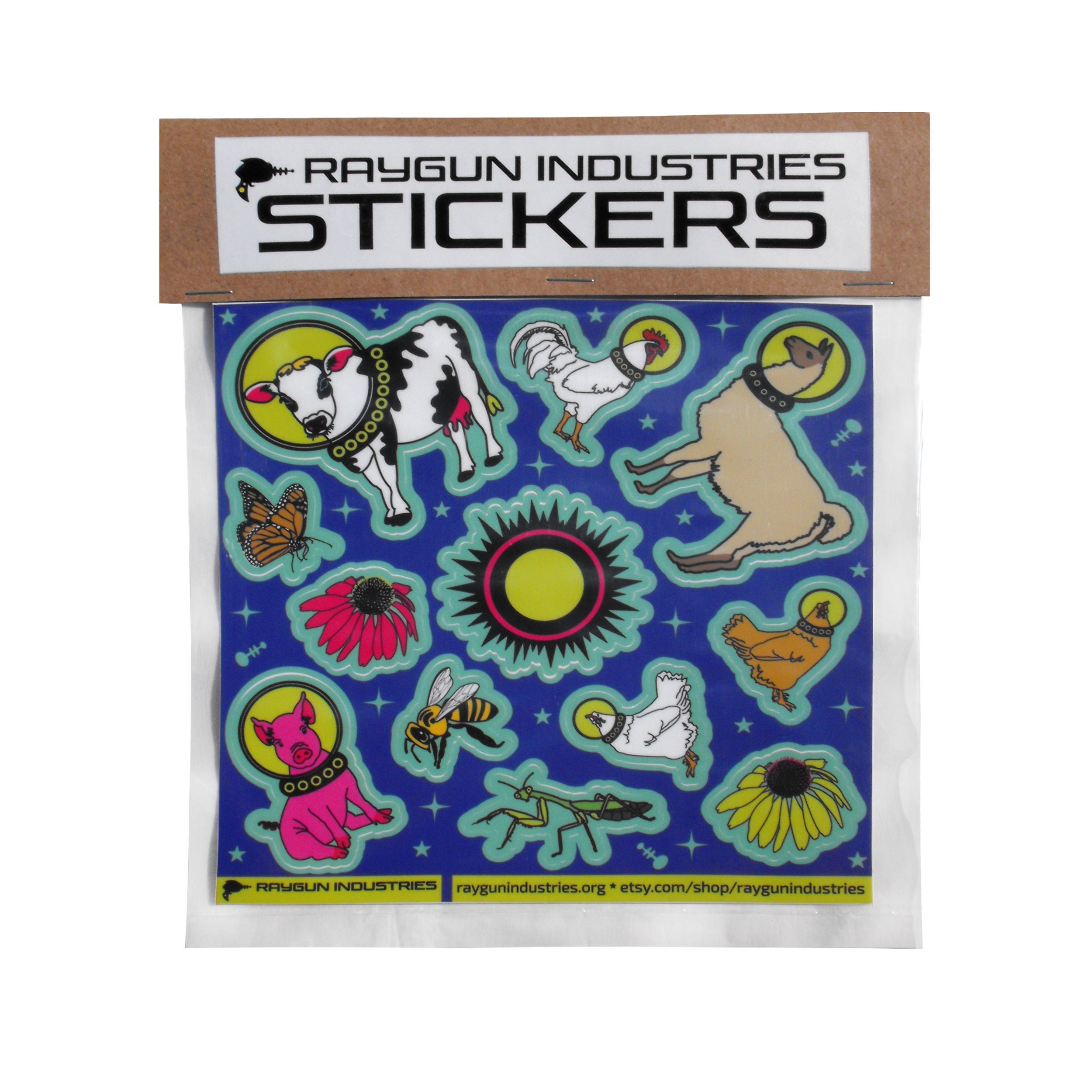 Space Farm Animal Sticker Sheet Set with PACKAGING / Alien Chickens Llama Cow Pig Flower Bees Butterfly / Cute Sticker Sheet / Vinyl Sticker