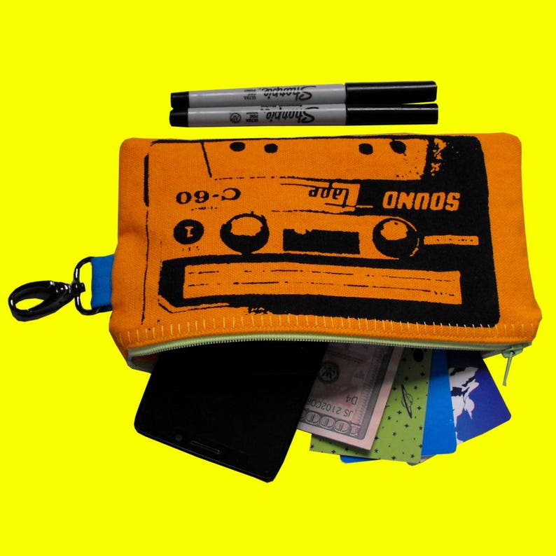 Screen Print Wallet Cassette Tape Pouch Retro Tapes 80s Clutch Zip Pouch Pencil Pouch Womens Wallet Mens Phone Wallet Clip On Pouch Yellow