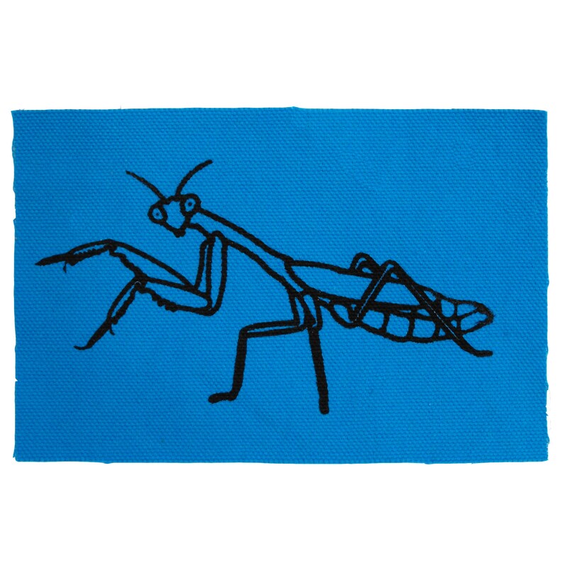 K&ouml;nnte beinhalten: Eine schwarze Silhouette einer Gottesanbeterin auf einem leuchtend blauen Hintergrund.