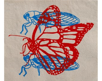 Cicada + Butterfly Patch / Overlay Screen Print / Bug Patch Insect Fabric / Pop Art / Butterflies Wings / Primary Colors / Back Patch Blue