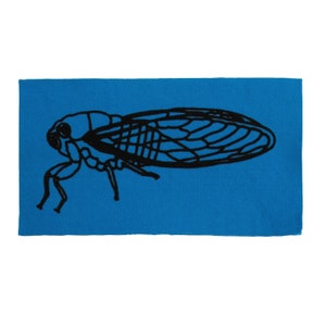 May include: A black silhouette of a cicada insect on a bright blue background.