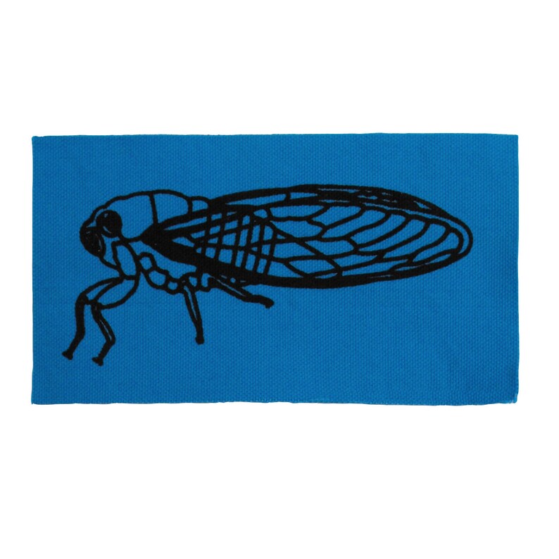 May include: A black silhouette of a cicada insect on a bright blue background.