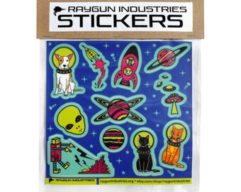Space Sticker Sheet Set with PACKAGING / Aliens UFOs Space Cats Space Dogs Planets Robot / Stickers for Hydroflask / Vinyl Sticker Sheet