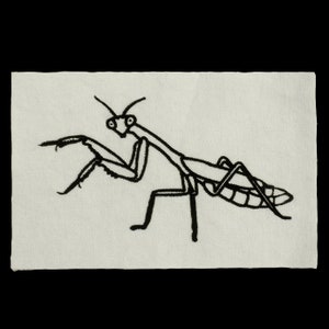 K&ouml;nnte beinhalten: Schwarz-wei&szlig;-Zeichnung einer Gottesanbeterin auf wei&szlig;em Hintergrund.