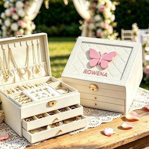 Organizador de joias grande e personalizado com fechadura, 3 camadas e gaveta deslizante, ideal para presentear madrinhas e aniversários.