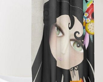 Black Hair Huge Green Eyes Shower Curtain