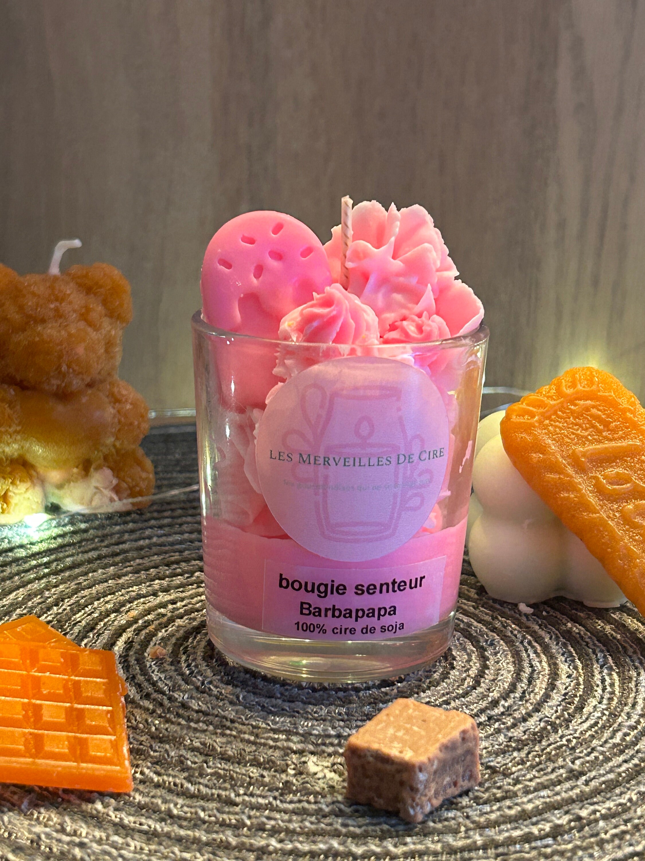 Small Gourmet candles with cotton candy scent, handmade from natural, non-GMO soy wax