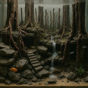 Jungle Aquascape, unique aquascaping, house for aquarium fisb