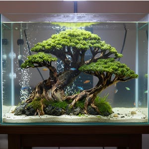 May include: A rectangular glass aquarium with a bonsai tree aquascape. The tree has a detailed, textured trunk and vibrant green foliage. Small, colorful fish swim among the branches. The tank sits on a wooden stand, creating a naturalistic scene.