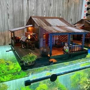 Custom Handmade Floating House Decoration – Natural Wood House for Aquarium, meaningful gift