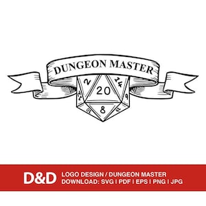 Puede incluir: Logotipo en blanco y negro con un dado D20 que muestra el número 20. Encima del dado hay una pancarta que dice "DUNGEON MASTER". El logotipo incluye el texto "D&D" en una barra roja en la parte inferior.