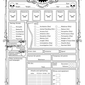 May include: A black and white character sheet with a pumpkin illustration. The sheet is designed for role-playing games and includes sections for character stats, skills, saving throws, and equipment.