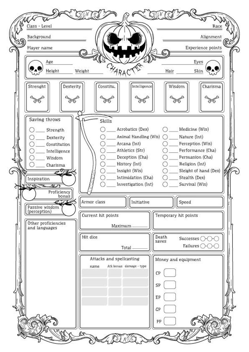 May include: A black and white character sheet with a pumpkin illustration. The sheet is designed for role-playing games and includes sections for character stats, skills, saving throws, and equipment.