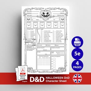 Dungeons and Dragons Character Sheet | Halloween Character Sheet | Printable PDF | Digital Download 4 Pages | Roleplaying dnd | dnd roleplay image 1