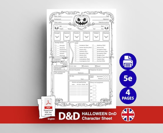 Dungeons and Dragons Character Sheet | Halloween Character Sheet | Printable PDF | Digital Download 4 Pages | Roleplaying dnd | dnd roleplay