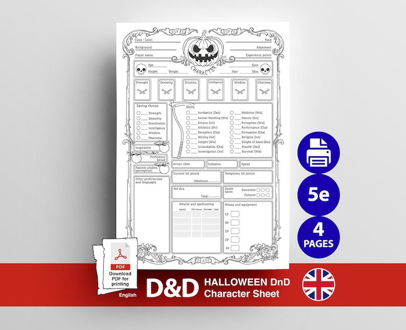 Dungeons and Dragons Character Sheet | Halloween Character Sheet | Printable PDF | Digital Download 4 Pages | Roleplaying dnd | dnd roleplay image 1