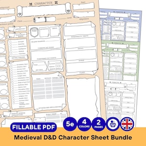 Pacchetto di schede personaggio medievali DnD 5e: scheda personaggio modificabile, compilabile, stampabile, PDF 5e, compilabile DnD, scheda DnD minimalista