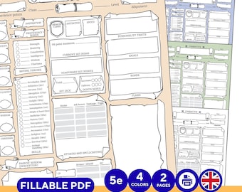 D&D 5e Printable Character Sheet Bundle: Editable, Form-Fillable, Printable character sheet, 5e PDF, dnd fillable, Medieval DnD sheet